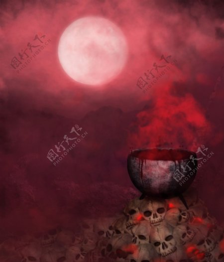 烟雾弥漫的恐怖神话世界骷髅圆月图片