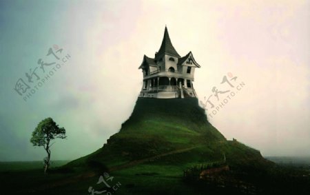 山顶上的别墅建筑城堡创意建筑场景场景图片场景绘画插画图片设计图片