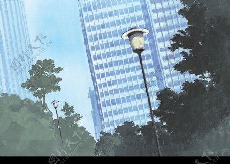 日本高質動漫風景插畫日間的街道燈图片