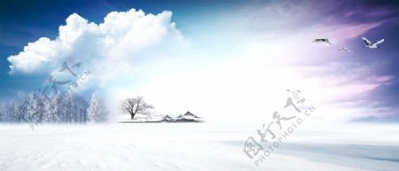 蓝天白云雪景图片