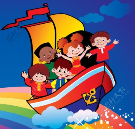 彩虹上坐着小船的孩子们图片
