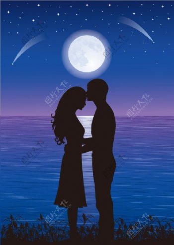 夜空圆月下的甜蜜情侣图片