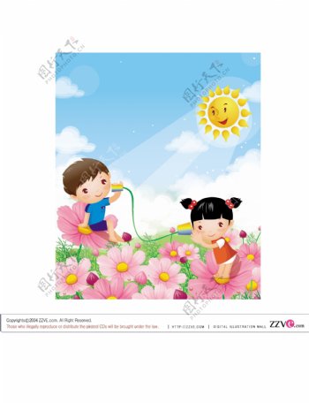 韩国精美矢量情景儿童花朵图片
