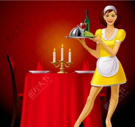 餐厅女服务员矢量素材图片