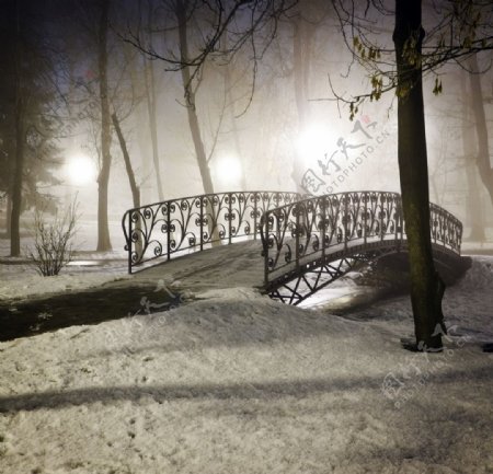 冬季公园小桥雪景图片