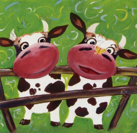奶牛草场油画图片