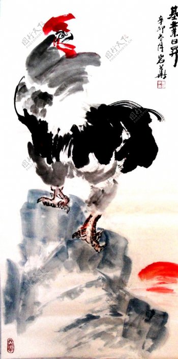 雄鸡起舞水墨中国图片