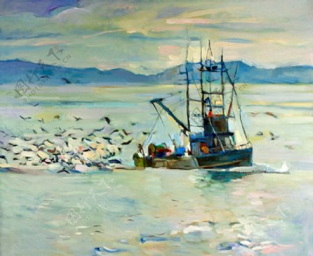 海上渔船油画图片