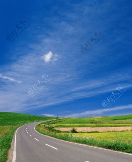 公路旁草地与蓝天风景图片