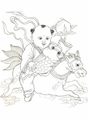 手绘童子骑马图片