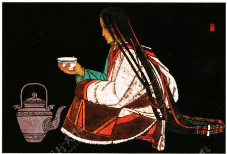 饮茶藏女图片