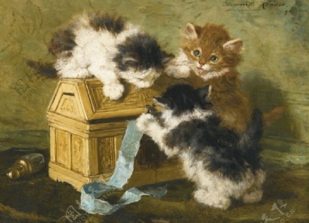 三只小猫油画图片