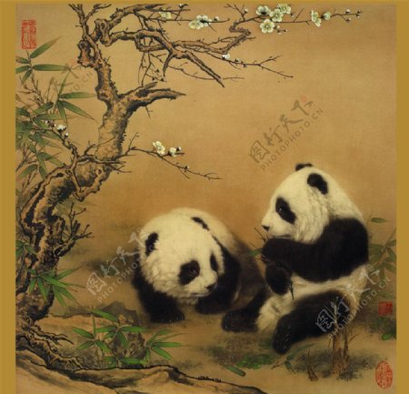 高清晰国画熊猫图片