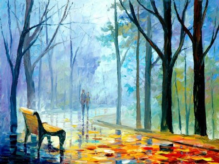 油画朦胧的秋雨图片