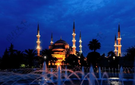 蓝色清真寺夜色图片