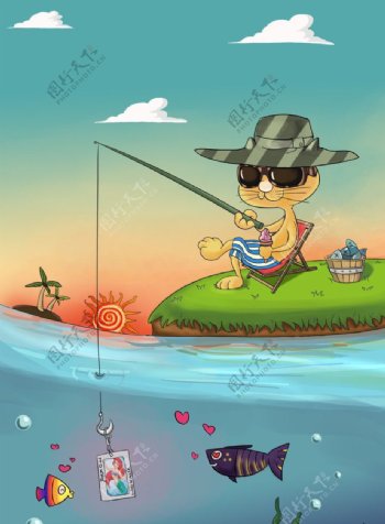 酷猫漫画钓鱼手绘原创图片