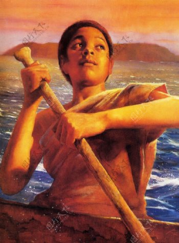 油画海上的男孩图片