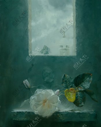 白玫瑰蝴蝶油画图片