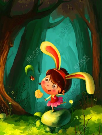 卡通油画兔兔女孩图片