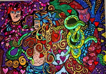斑斓缤纷彩色多色人蛇舞蹈装饰画图片