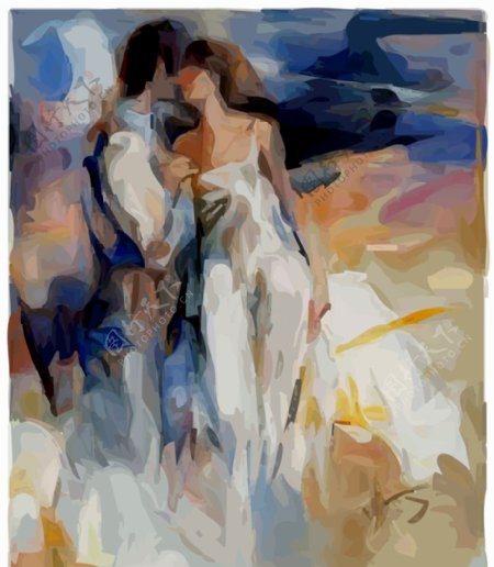 油画情侣拥抱吻抽象绘画艺术图片
