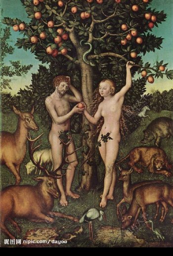 油画亚当和夏娃在伊甸园图片