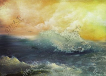 流光溢彩的海浪油画图片