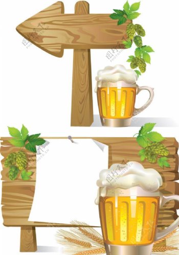 木板指示牌绿叶啤酒图片