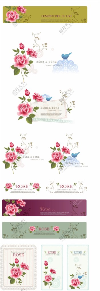 最新韩国玫瑰花与小鸟矢量素材图片