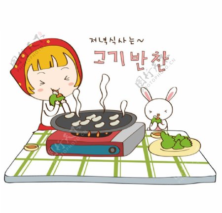 女孩和兔子一起吃烧烤图片