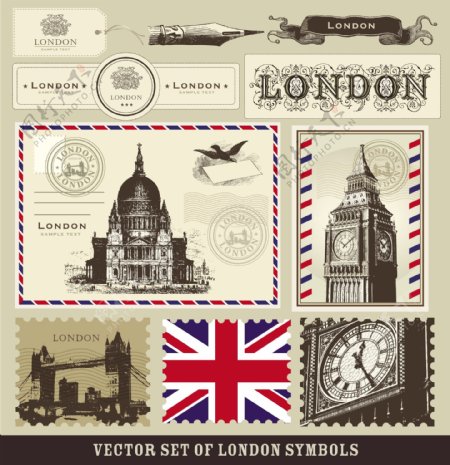 邮票伦敦象征物矢量素材图片