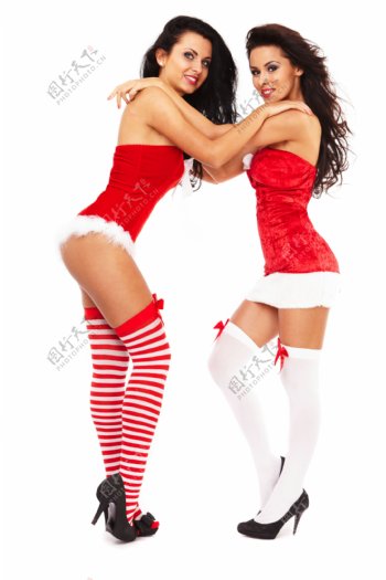 手搭肩的两个圣诞性感美女图片