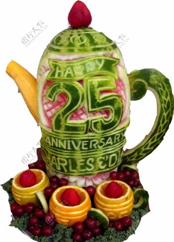 蔬果蔬菜水果雕刻示范艺术食材工艺精湛陈列展品展示壶杯西瓜橙图片