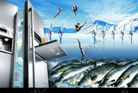 psd分层冰箱广告背景素材图片
