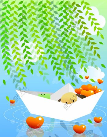 柳树小船图片