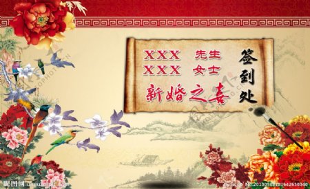 中式婚礼签到台背景图片