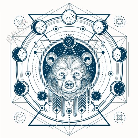 熊头和月相的几何纹身
