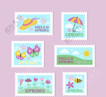 6款彩色春季邮票矢量素材