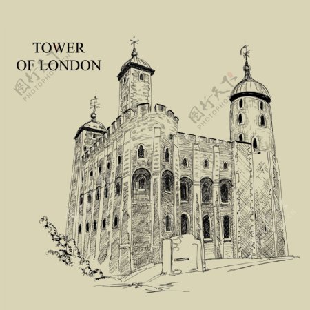 复古手绘建筑伦敦塔