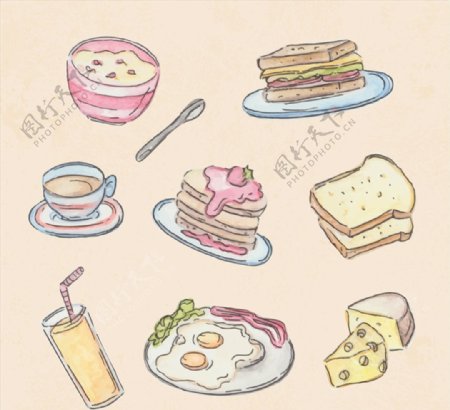 8款素色彩绘早餐食物矢量素材