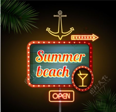夏季沙滩酒吧霓虹招牌矢量