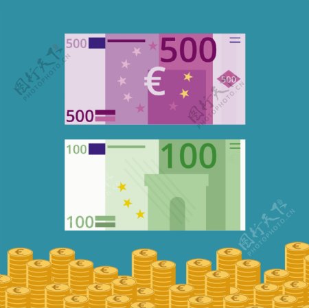 平板欧元纸币和硬币