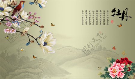 中式牡丹玉兰花素材