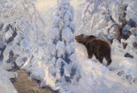 欧洲雪地熊油画