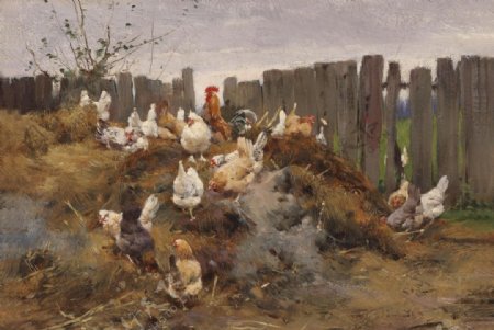 欧洲鸡群油画