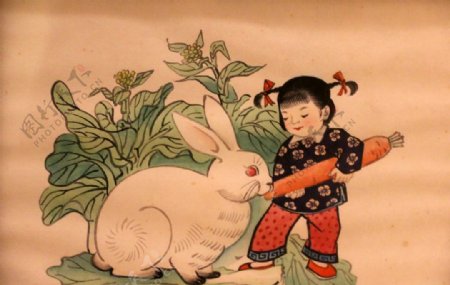 小女孩喂兔子吃胡萝卜