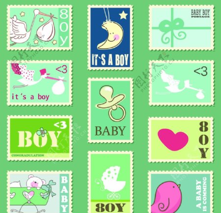 卡通母婴邮票矢量素材