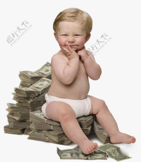 坐着一堆钞票上的宝宝婴儿