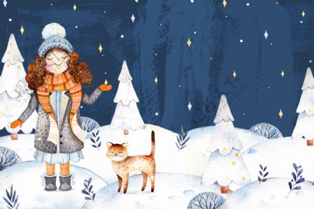 雪地里的小女孩和小猫
