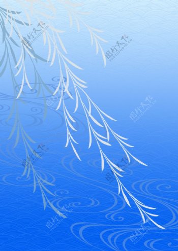 蓝底动感水纹和飘动的柳枝